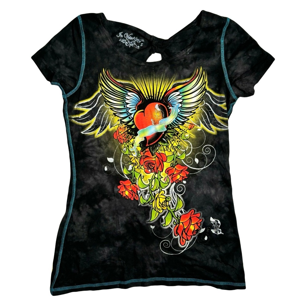 Y2K In Vein Tie Die Heart and Wings.Floral Top